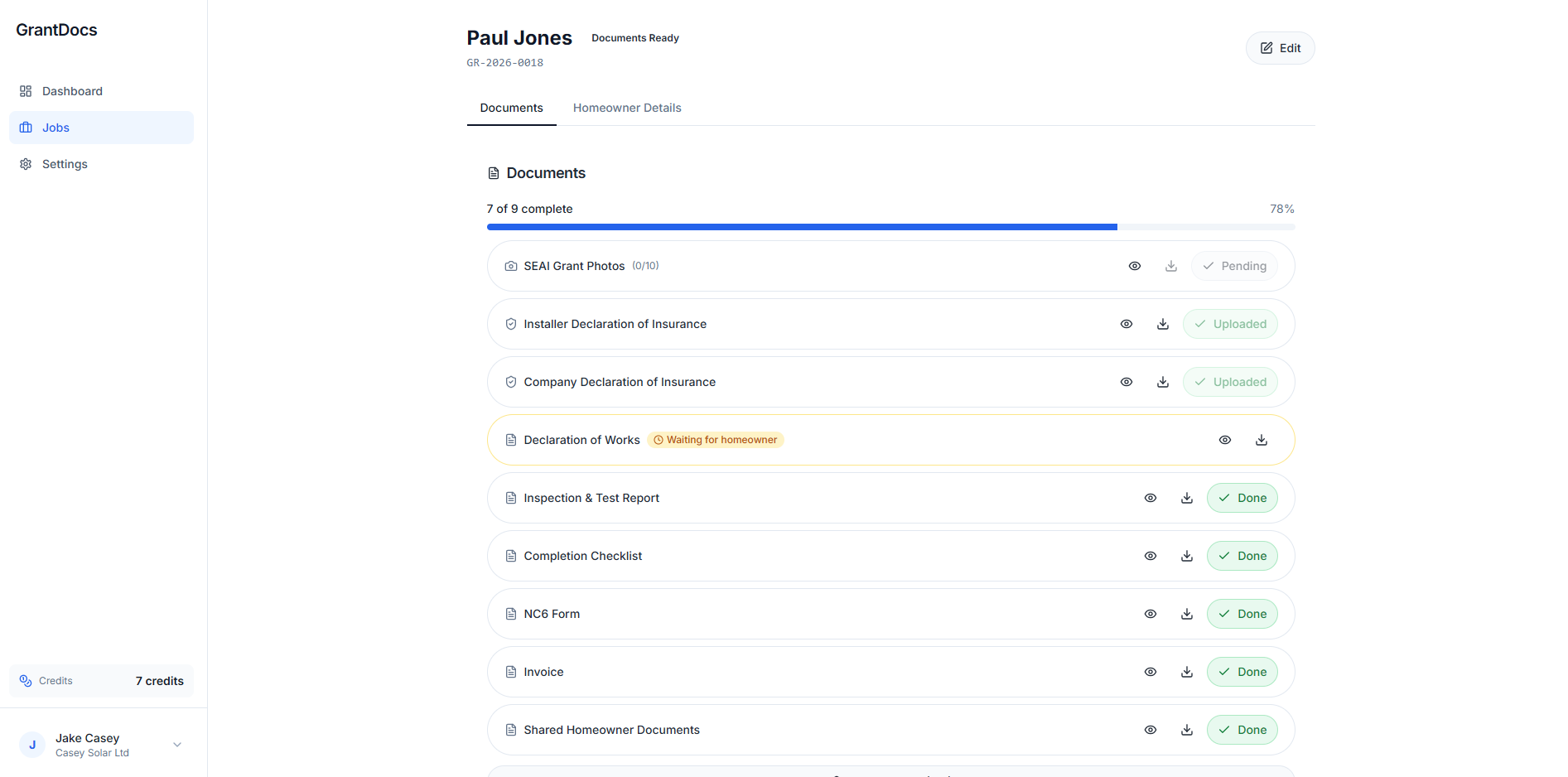 GrantDocs dashboard