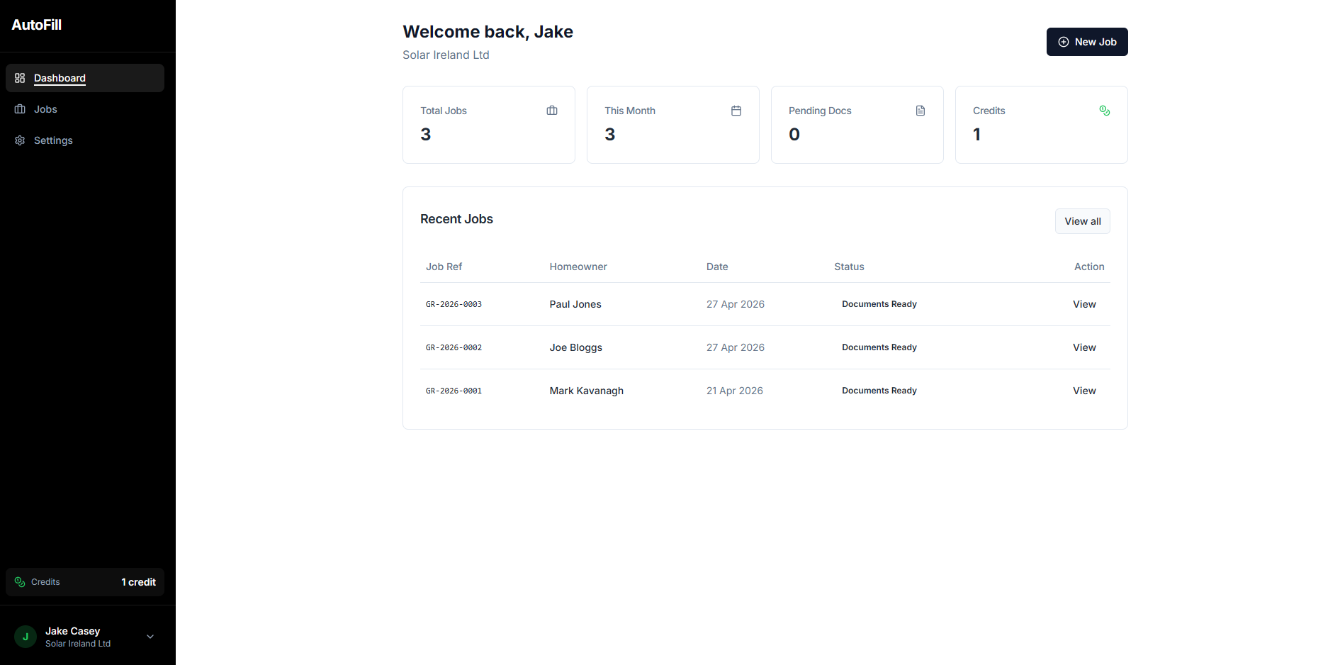GrantDocs dashboard